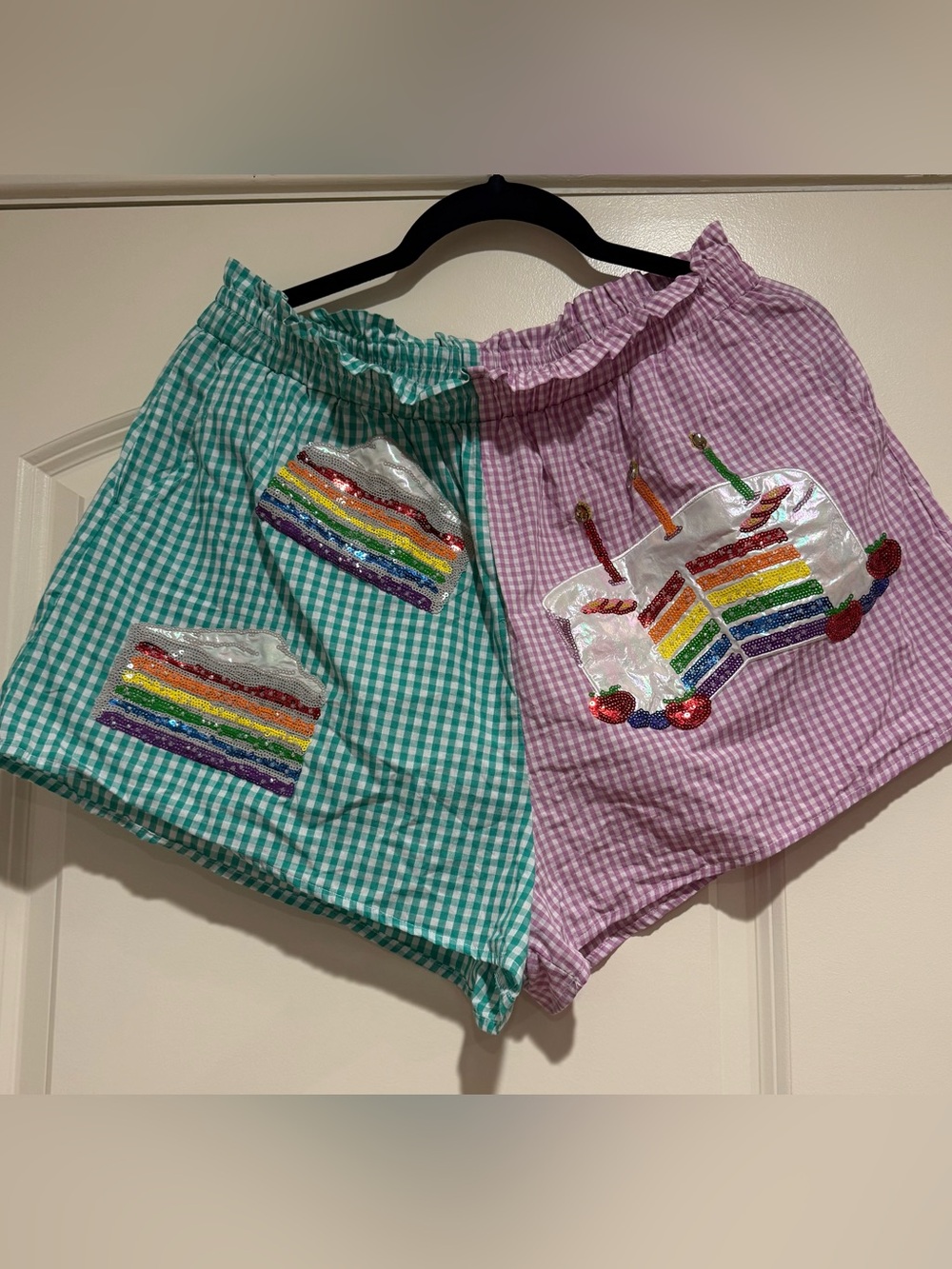 QUEEN OF SPARKLES Birthday Cake Teal & Lavender Gingham High Waist Shorts